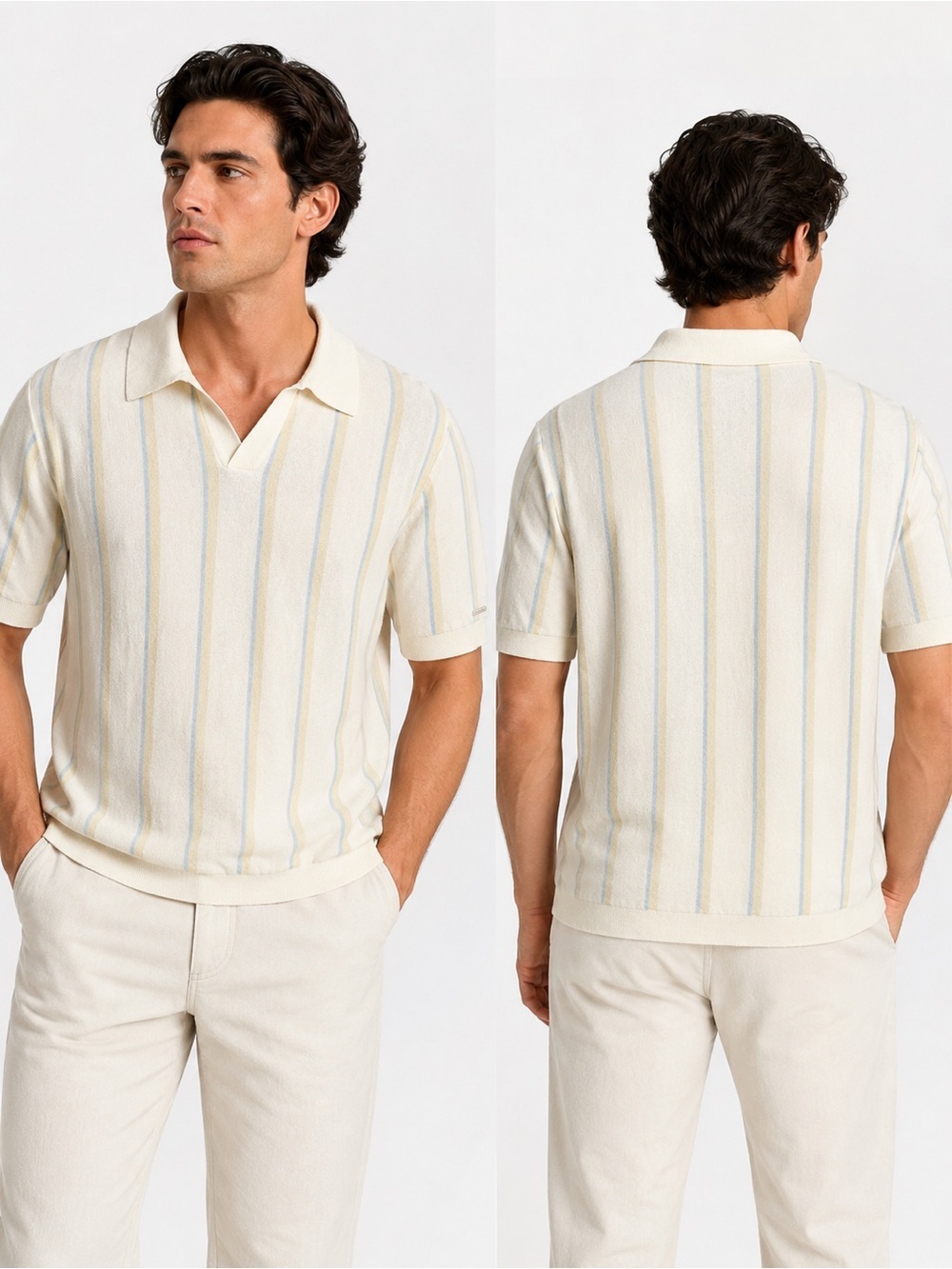 Karl Lagerfeld Cream Knit Polo with Subtle Blue Stripes 100% Cotton